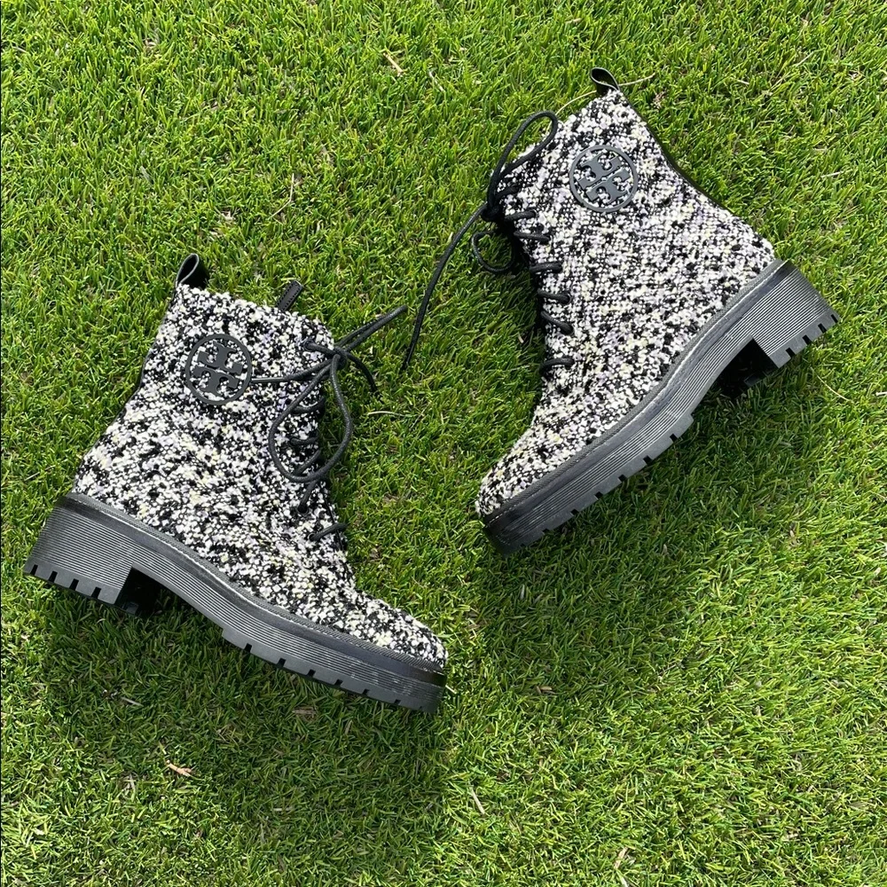 NWT Tory Burch Miller Lug Sole Tweed and Leather Boots